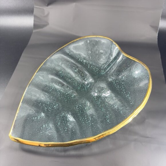 Vintage Clear Recycle Glass Dish Plate Platter Leaf Shaped With Gold Edges Glass - Picture 14 of 14